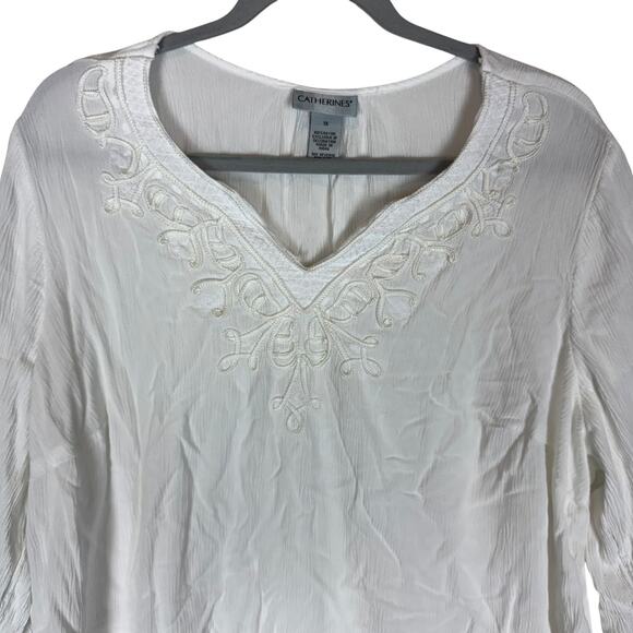 Catherines Blouse Womens 1X White Rayan Embroidered 3/4 Sleeve V-Neck Pullover - Picture 3 of 11